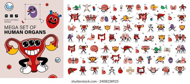 Mega set of retro human organs in funny comic cartoon style, gloved hands. Contemporary illustration with cute comic human organs characters. Doodle comic characters. contemporary cartoon style.