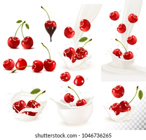 Mega set of ripe sweet cherries with leaves and splash of milk. Vector.