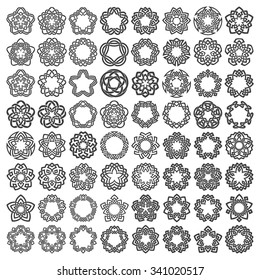 Mega set of round frames. Sixty four patterned circles. Pentagonal decorative elements for logo or monogram design. Creative mandalas collection.