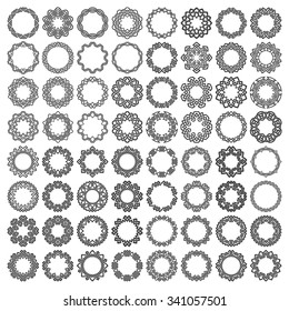 Mega set of round frames. Sixty four patterned circles. Octagonal decorative elements for logo or monogram design. Creative mandalas collection.