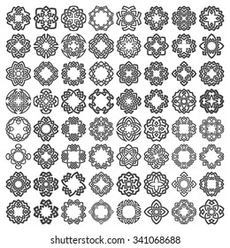 Mega set of round frames. Sixty four patterned circles. Quadrangular decorative elements for logo or monogram design. Creative mandalas collection.