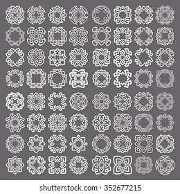 Mega set of round frames. Sixty four patterned circles. Quadrangular decorative elements for logo or monogram design. Mandalas collection of white lines with black strokes on gray background.