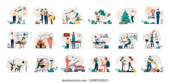 Mega set of simple color concepts with people scene in flat cartoon design. Impressive scenes using a beautiful color palette are depicted in this collection. Vector illustration.