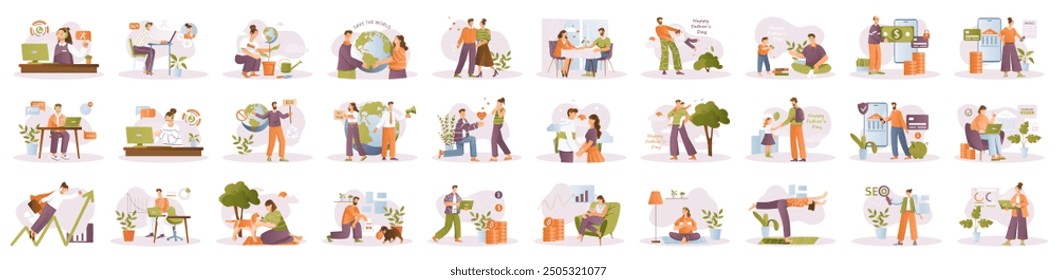 Mega set of simple concepts with people scene in flat cartoon design. Illustrations cover life situation in many aspects with purple, green and orange colors. Vector illustration.