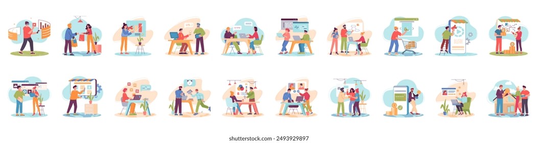 Mega set of soft color concepts with people scene in flat cartoon design. A huge selection of colorful illustrations with scenes with men and women on various topics. Vector illustration.