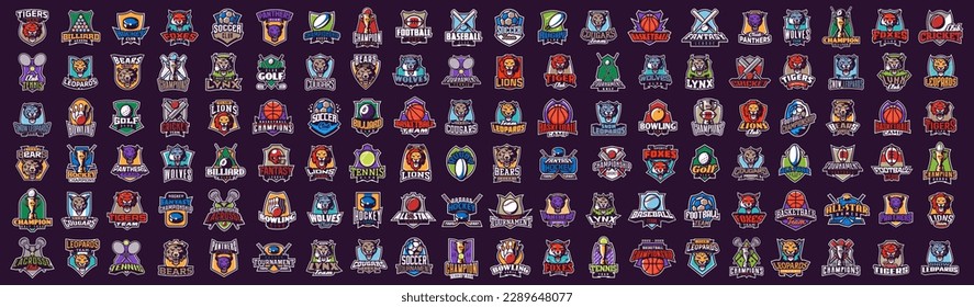 Mega set of sports logos. Emblems of team sports, logotypes with animal mascots. Vector emblems of soccer, football, basketball, rugby, billiards, cricket, golf, tiger, lion, leopard, wolf, fox, bear.
