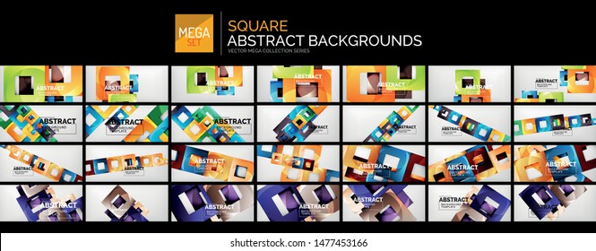 Mega set of square shapes geometric abstract backgrounds. Glossy rectangles or blocks overlapping, flying and repeating compositions with copyspace