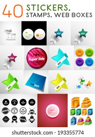 Mega set of stickers, stamps and web boxes. Vector design elements - round labels, stars and badges