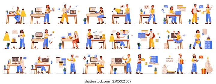 Mega set of stylish concepts with people scene in flat cartoon design. A big collection of scenes with men and women in various situations on a white background. Vector illustration.