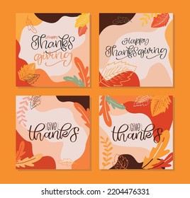 Mega set template design. Happy thanksgiving day - Give thanks - cute hand drawn doodle lettering postcard. T-shirt design template with leaf.
