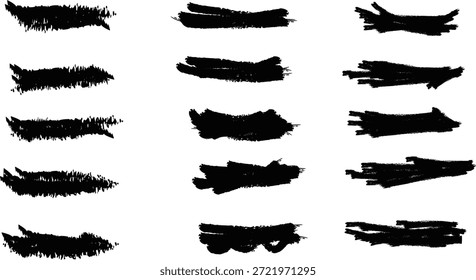 Mega conjunto de pinceladas gruesas de grunge y barras de tinta negra, líneas de pintura texturizadas dibujadas a mano para fondos.