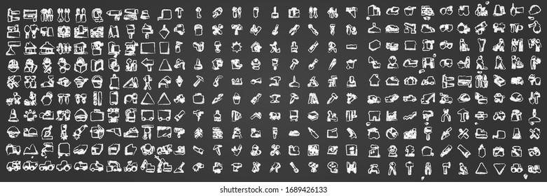 Mega set of tool and construction chalk doodle icons design on chalkboard
