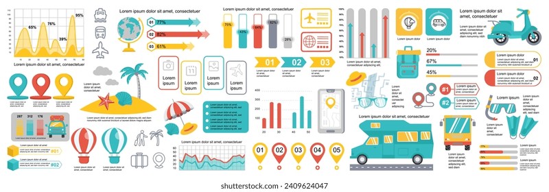 Mega set of travel infographic elements data visualization vector design template. Can be used for steps, options, business process, workflow, diagram, flowchart, timeline. Bundle info graphics.