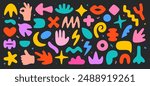 Mega set of trend abstract flat shapes in cartoon style. Collection of decorative elements for design in soft multicolored colors. Y2K.  Vector shapes Isolated on black background.
