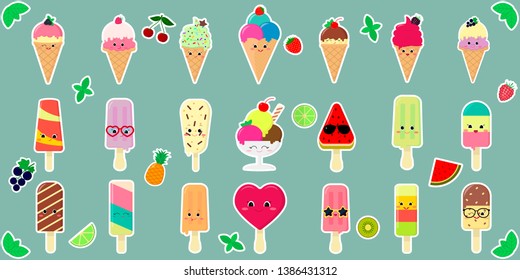 Mega set of twenty one stickers ice cream cute kawaii character smile, in a waffle cup and on a stick, juicy fruits and berries in a white stroke on a green background. Flat, vector.