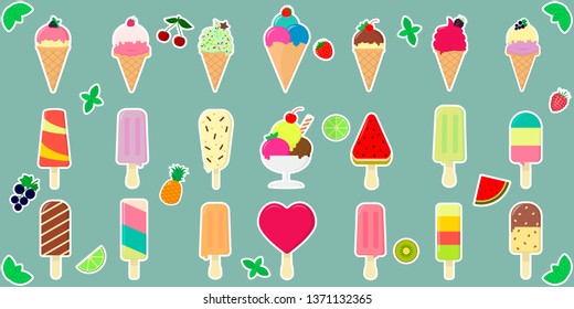 Mega set of twenty-one stalkers of various sweet ice-cream, in a waffle cup and on a stick, juicy fruits and berries in a white stroke on a green background and text. Flat style vector illustration.