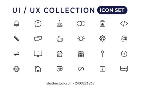 Mega conjunto de ui ux conjunto de iconos, interfaz de usuario colección de iconset.Conjunto de iconos de línea delgada, colección de iconos de contorno simple, Iconos Pixel Perfect, Ilustración vectorial simple.
