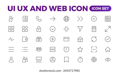 Mega conjunto de iconos ui ux, colección de iconos de interfaz de usuario. Conjunto esencial de interfaz de usuario Básica. 200 Iconos De Contorno De Línea. Para la colección de iconos App, Web, Imprimir.Esquema.