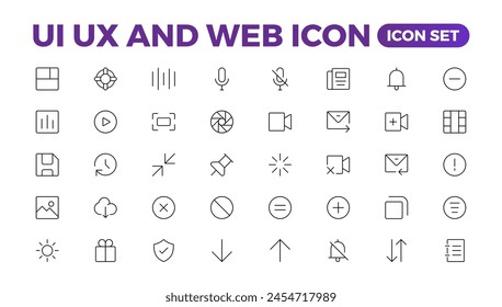 Mega conjunto de iconos ui ux, colección de iconos de interfaz de usuario. Conjunto esencial de interfaz de usuario Básica. 200 Iconos De Contorno De Línea. Para la colección de iconos App, Web, Imprimir.Esquema.