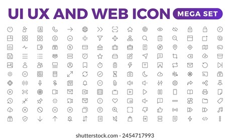 Mega set of ui ux icon set, user interface iconset collection. Basic User Interface Essential Set. 200 Line Outline Icons. For App, Web, Print.Outline icon collection.