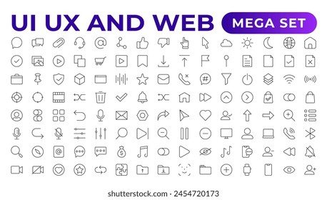 Mega set of ui ux icon set, user interface iconset collection. Basic User Interface Essential Set. 200 Line Outline Icons. For App, Web, Print.Outline icon collection.