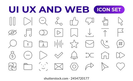 Mega conjunto de iconos ui ux, colección de iconos de interfaz de usuario. Conjunto esencial de interfaz de usuario Básica. 200 Iconos De Contorno De Línea. Para la colección de iconos App, Web, Imprimir.Esquema.