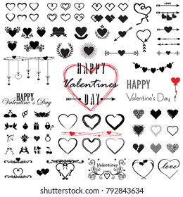 mega set for valentine's day, hearts and inscriptions collection icons, love symbol, isolated on white, vector illustration