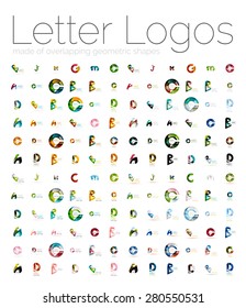 Mega-Reihe von verschiedenen Buchstaben Logos. Erstellt mit transparenten, sich überlappenden geometrischen Formen, Wellen und fließenden Formen. Vektorgrafik