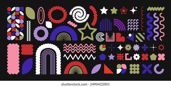 Mega set of vector Bauhaus  geometric shapes. Trendy abstract minimalist figures, stars, flowes, circles. Brutalist abstract graphic design elements. 