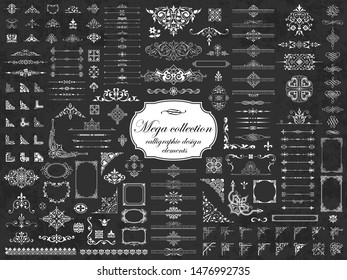 Mega set of vector calligraphic elements for design on chalkboard background