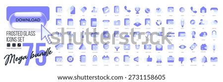 Mega set of vector icons in frosted glass, modern trendy style. Purple and transparency liquid glass. 75 icons in a single style of business, finance, web, UX UI