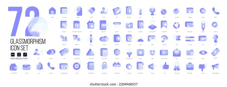 Mega set vector icons in glass morphism modern trendy style  Purple   transparency glass  72 icons in single style business  finance  UX UI