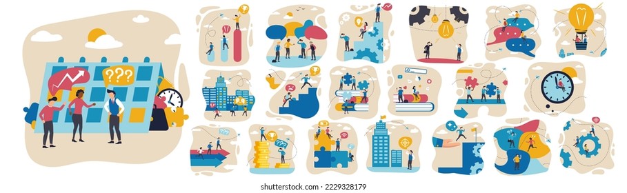 Mega set of vector illustrations. Concept of business, career development, partnership, problem solving, innovative business approach, brainstorming. Flyer