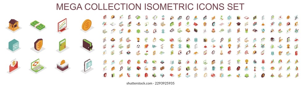 Mega set of vector isometric icons. Contains such Icons as SEO, Marketing, Science, Virtual Reality, Social Media, Development, Finance, Banking and more. Bundle icon. Isometry pictogram pack.