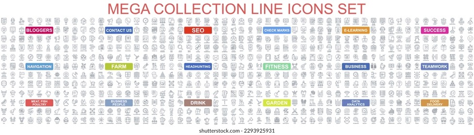 Mega set of vector simple line icons. Contains such Icons as Business, Teamwor, SEO, Contact Us, Blogger, Learning, Analytics, Delivery, Navigation and more. Bundle icon. Outline pictogram pack.