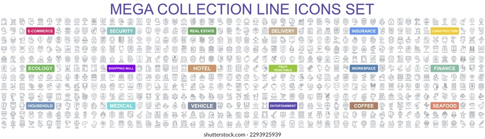 Mega set of vector simple line icons. Contains such Icons as E-commerce, Shopping, Real Estate, Insurance, Security, Finance, Delivery, Ecology and more. Bundle icon. Outline pictogram pack.