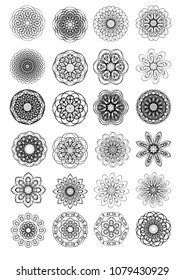 Mega set of vintage circle ornamental patterns composed of spiral shapes. Monoline design on white background. Oriental design elements