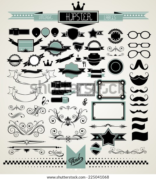Mega Set of\
Vintage Labels for your Hipster designs.Labels, ribbons, mustache,\
frames, glasses, dividers and so\
on
