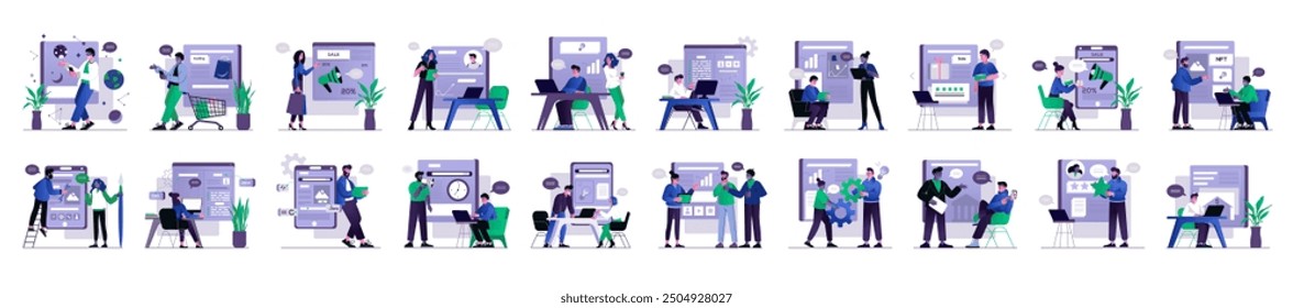 Mega conjunto de conceptos violeta con escena de personas en diseño plano de dibujos animados. Diferentes temas se representan en esta colección en colores violeta, azul y verde. Ilustración vectorial.