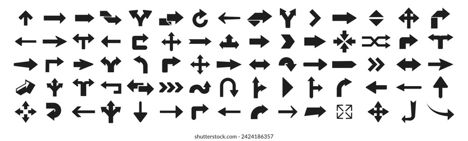 Mega conjunto de señalización de flecha de dirección de la dirección. Señal de camino. Flechas de navegación por carretera. Ilustración de icono del vector de la forma