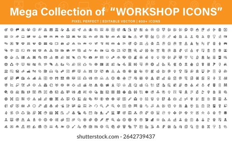 Mega Conjunto de ícones de linha de Workshop e Coaching. Coleção de ícones de tópicos relacionados a treinamento, treinamento, mentoreamento, educação, reuniões, conferências e trabalho em equipe.