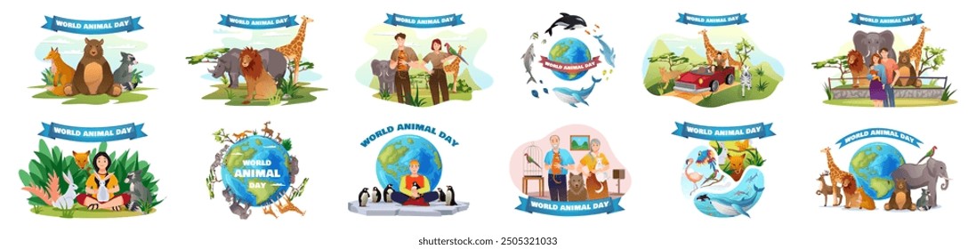 Mega-Set von World Animal Day Konzepten mit Menschen Szene in flachen Cartoon-Design. Diese Kollektion zeigt verschiedene Illustrationen von Männern und Frauen mit blauer Flagge. Vektorgrafik.