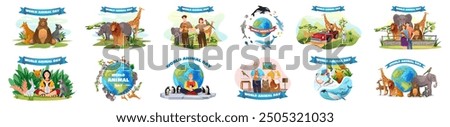 Mega set of World Animal Day concepts with people scene in flat cartoon design. This collection features different illustrations of men and women with blue flag. Vector illustration.