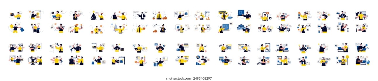 Mega set of yellow concepts with people scene in flat cartoon design. Every scene in this collection is filled with detail, creating vivid and engaging visual content. Vector illustration.