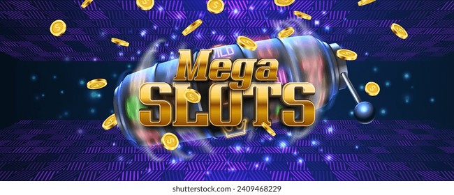 Mega Slots. Slot machine with gaming symbols and golden coins on a bright background. Vector illustration.