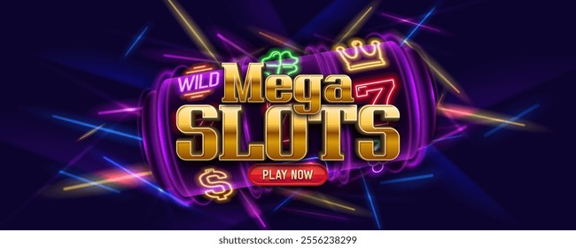 Mega Slots. Slot machine with gaming symbols on a bright background. Vector illustration.