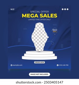 Mega smart watch sales template for social media post. Smart watch store advertisement template. Modern gadget sales template. Wrist Watch sale discount template. Smartwatch social media post.