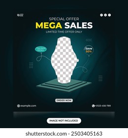 Mega smart watch sales template for social media post. Smart watch store advertisement template. Modern gadget sales template. Wrist Watch sale discount template. Smartwatch social media post.
