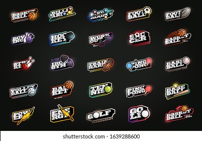 Mega sport logotype set. Modern professional sport Typography in retro style. Vector design emblem, badge and sporty template logo design. Soccer, football, power, basketball, hockey, gym, cricket.