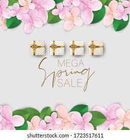 Mega Spring Sale banner or brochure cover. Floral promo design template with pink and orange flowers and green leaves, and gift boxes with golden bow and ribbon. Vector illustration.